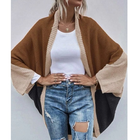 Cozy Color Block Batwing Oversized  Open Front Cardigan - Picture 5 of 6